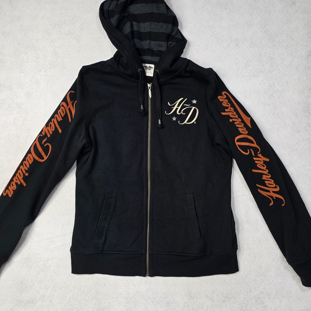 Harley-Davidson Womens Black Zip Up Hoodie Orange Graphic Sleeve Logo Large